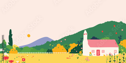 A charming scene where a simple church stands peacefully in a meadow bathed in the warm glow of the sunshine, under the blue sky, depicting nature and architecture harmonious together.