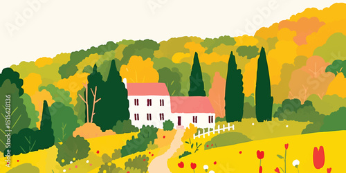 A quaint countryside house nestled amidst rolling hills, colorful trees, a serene atmosphere in an elegant illustration.