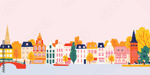 An illustrated cityscape showcases a quaint European town with colorful houses and autumn foliage against a pastel sky. 