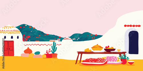 A vibrant illustration of a sun-drenched outdoor setting with a table laden with inviting dishes. A colorful, flat design celebrating cultural dining and aesthetic.