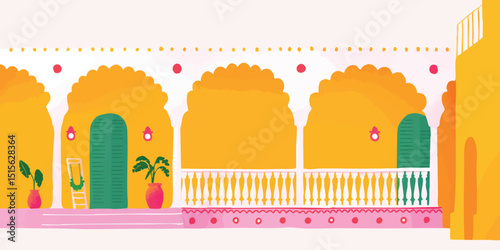 A vibrant illustration showcasing a charming building, bathed in warm colors and featuring intricate architectural details, evokes a sense of cultural richness and historical significance.
