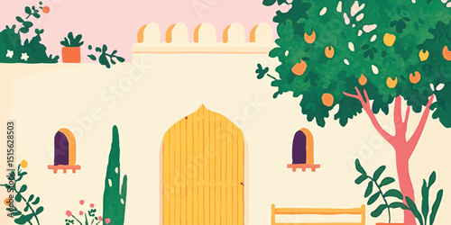 A vibrant illustration showcases an inviting doorway of a charming property, adorned with blossoming plants, orange tree, and soft pastel hues, evoking a sense of peace and tranquility.