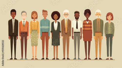 Pixel art group diverse adults stand sidebyside in various business casual attire
