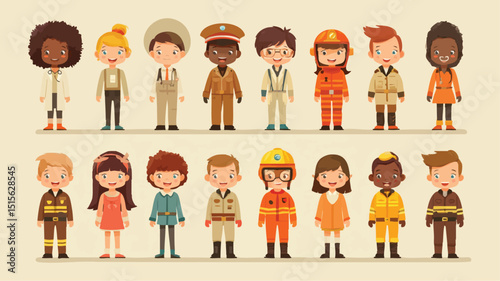 Pixelart group of children dressed as different professions