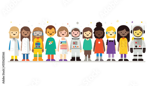 Pixelated people arrayed including astronauts scientists and casual outfits