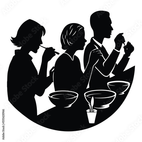 Silhouettes of people eating, showing various poses like sitting at tables, holding utensils, and enjoying meals, capturing the essence of shared dining moments.
