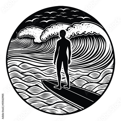 Silhouette of a surfer riding a wave, capturing the thrill and balance of surfing against a dramatic ocean backdrop—bold, dynamic, and full of coastal energy.
