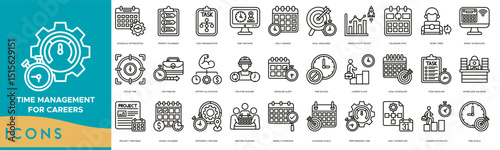 Time Management for Careers Icon set. Schedule Optimization, Priority Planning, Task Organization, Time Tracking, Daily Agenda, Goal Deadlines and Productivity Boost