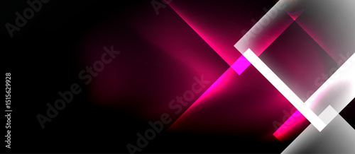 Abstract design features bright pink, white lines against black background. Geometric shapes create dynamic visual effect. Modern, minimalist style.