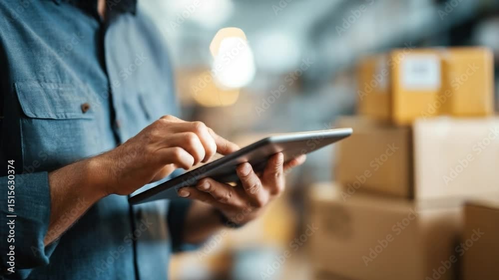 Warehouse Inventory Management: A worker's hands expertly navigate a tablet, overseeing inventory in a bustling warehouse.