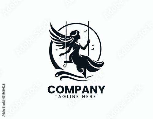 Joyful Woman Playing on Swing Serene Outdoor Illustration Vector Logo Design, Whimsical Woman on Swing Graceful Freedom Silhouette Vector Logo