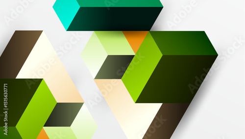 Abstract geometric shapes overlap, creating layered visual effect. Greens, browns, oranges dominate composition. Clean lines define forms.