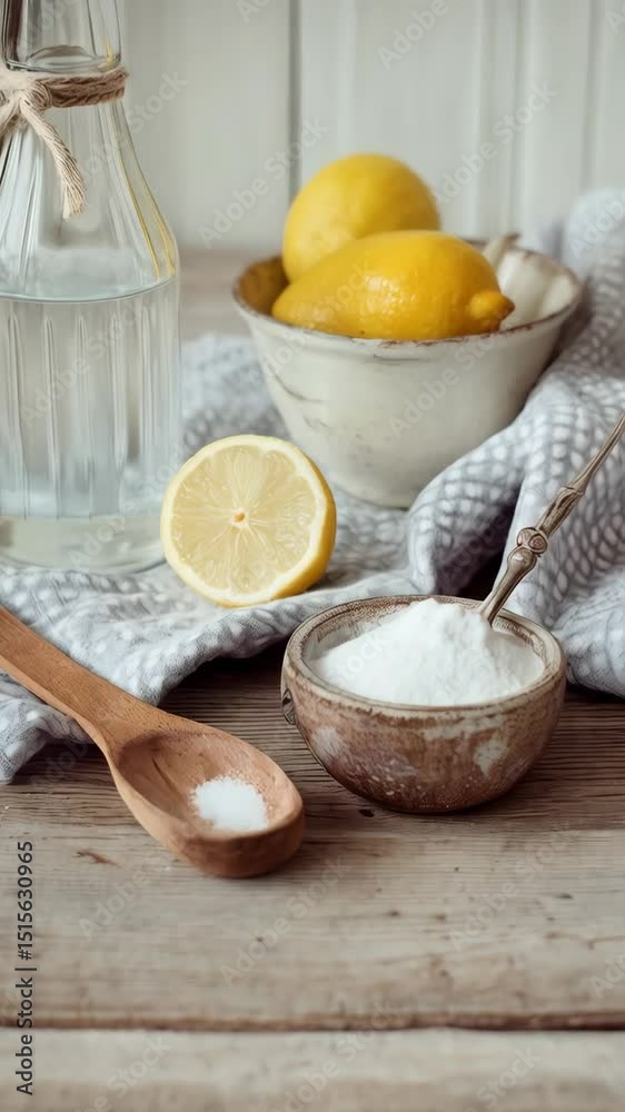 Fresh lemons, baking soda, water in glass bottle on wooden surface with rustic cloth background Fresh lemons, baking soda, water in glass bottle on wooden surface with rustic cloth background