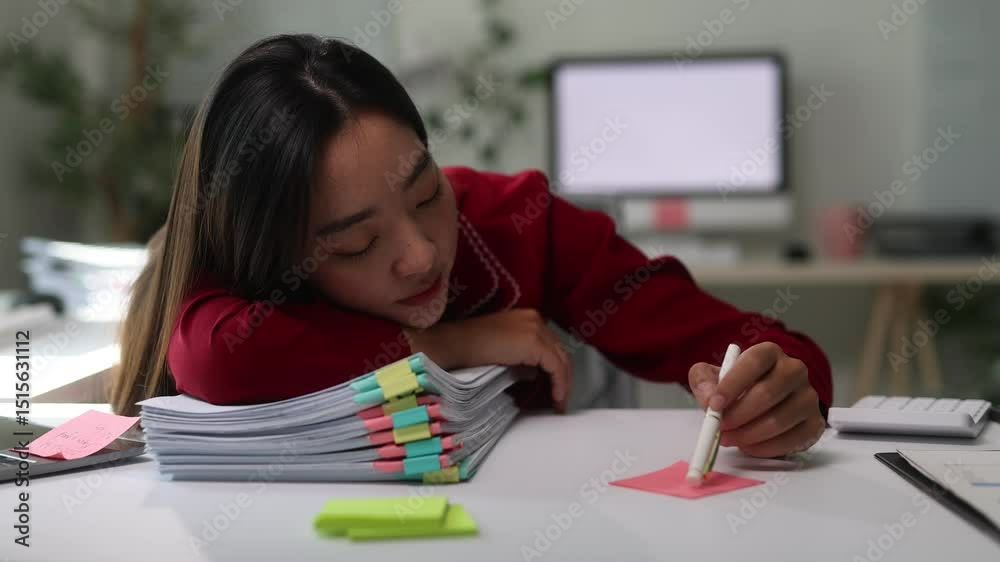 Exhausted office worker sleeping on documents at desk, overwhelming stress at workplace. A business woman holding a pen is sitting at her desk, thinking.