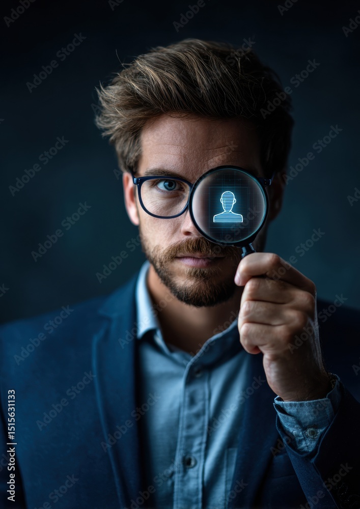 A man in a suit holds a magnifying glass, revealing a digital silhouette. A man in a suit holds a magnifying glass, revealing a digital silhouette.
