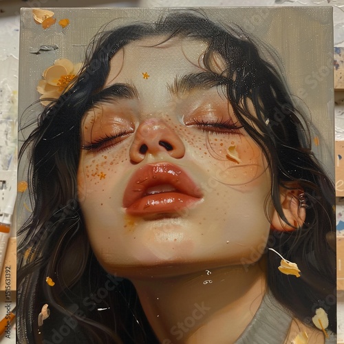 Portrait of a serene woman with delicate features, surrounded by light, delicate petals and tiny specks