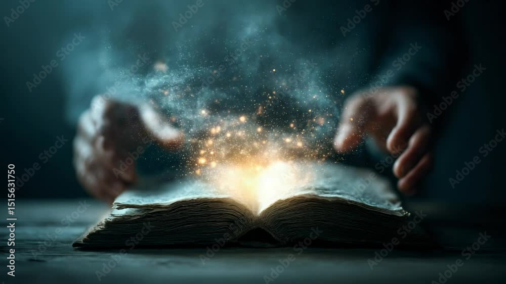 Enchanted Tome: A mystical scene unfolds as hands reach towards an ancient, open book, from which bursts forth a radiant, glowing aura of magic, filled with dazzling particles and a touch of mystique.