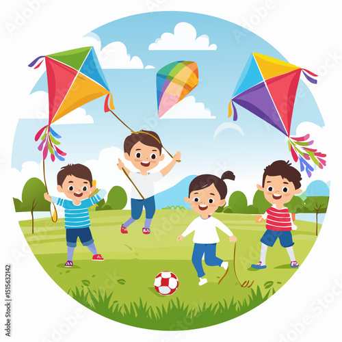 children playing ball, flying kites, playing jump rope, playing hide and seek in the field in the afternoon