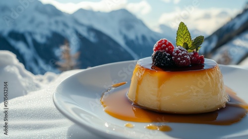 Panna Cotta with Caramel Sauce Close Up Food Photography on Wooden Table