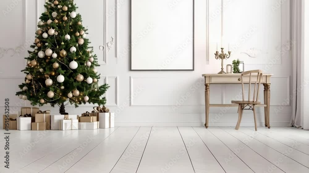 Christmas tree decorated with ornaments, gift boxes in bright room with blank frame and desk, festive indoor holiday setup, room mockup