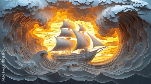Majestic ship amidst tempestuous waves, illuminated by ethereal golden light