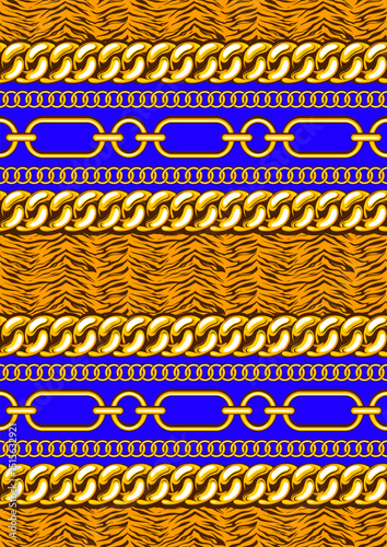 African golden chain pattern with tiger stripe background, tribal ethnic textile art, fashion design for fabric prints, hand drawn necklace bracelet jewelry illustration, vector, not AI generated