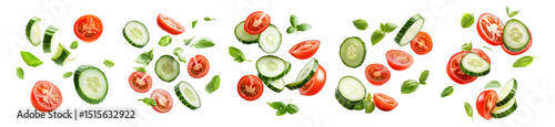 Fresh Cucumbers and Tomatoes Floating on a Transparent Background, Isolated on Transparent, white background