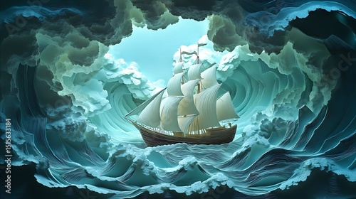 Majestic sailing ship navigating through an ocean tunnel of sculpted waves