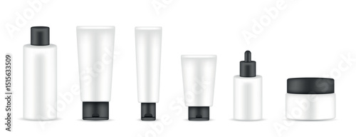 Complete cosmetic packaging set with black caps — realistic vector mockup