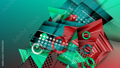 Abstract geometric composition. Teal, red hues dominate. Shapes overlap, creating dynamic visual texture. Lines intersect, forming complex patterns.