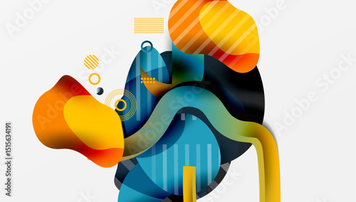 Abstract shapes overlap, creating dynamic composition. Warm colors contrast cool tones. Modern design utilizes gradients, lines, circles.