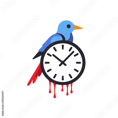 Blue-bird-on-clock-with-dripping-red-graphic-design-illustration