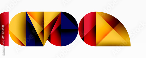Abstract geometric shapes form colorful letterforms. Bold design utilizes triangles, gradients, vibrant hues. Minimalist composition on white background.