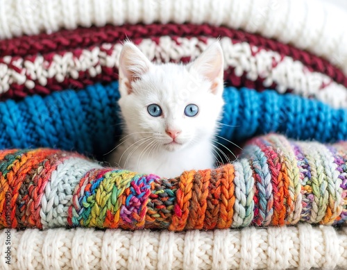 White kitten nestled in colorful knitted blankets