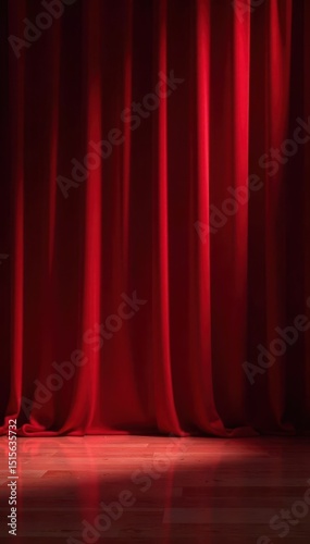 Rich red drapes pulled back  illuminating a bare stage  curtain  luxurious