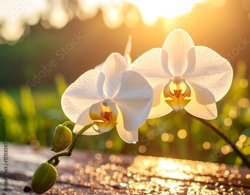 White orchids in golden sunlight