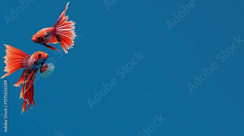 Two vibrant orange-red betta fish gracefully swim against a deep blue background