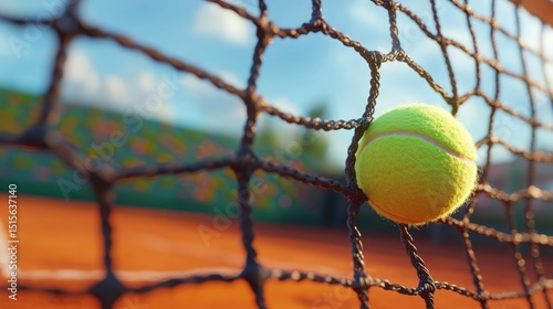 Tennis Ball Flying Over Net on Red Clay Court