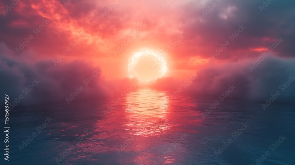 Fototapeta premium Mystical sunrise landscape featuring a radiant orb above a tranquil ocean