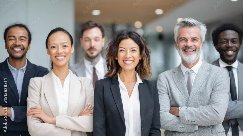 Collaborative Success: A professional ensemble embodies the spirit of teamwork, their confident smiles reflecting a shared commitment to excellence, forming a picture of harmony and progress. 