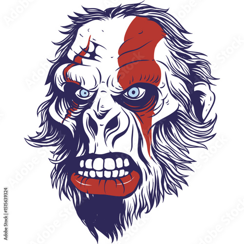 Aggressive Gorilla Head Vector Illustration with Red Markings and Blue Eyes - Intense Primate Face for T-Shirt Designs and Fierce Animal Graphics
