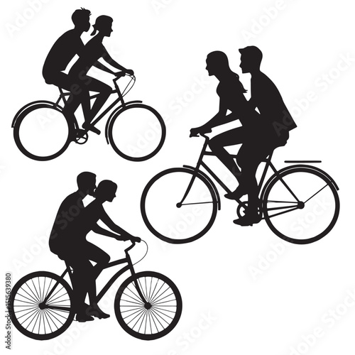 silhouette of couples riding bicycles together showing love romance and outdoor activity with simple black design and white background perfect for relationship or travel themes
