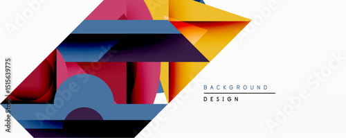 Abstract geometric composition. Overlapping colorful shapes create dynamic visual effect. Modern design with vibrant hues, gradients, clean lines. Minimalist aesthetic.