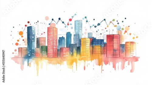 Wallpaper Mural A vibrant watercolor illustration of a modern city skyline with colorful, abstract buildings and artistic paint splashes. Torontodigital.ca