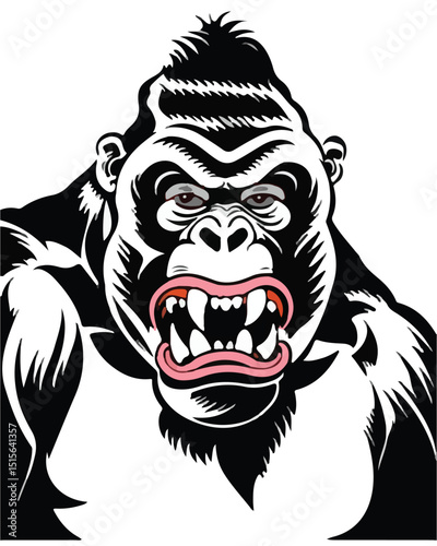 Close-up of a gorilla's head showcasing its sharp teeth and prominent fangs..eps