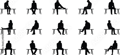 Silhouette People Sitting on Benches: Variety of Poses, Side View, Relaxed and Thoughtful