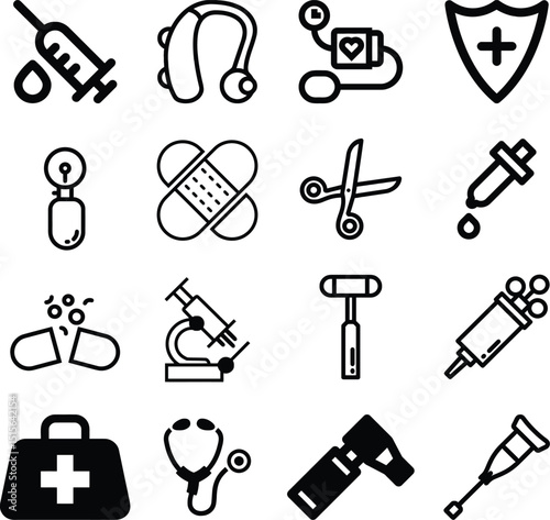 Medicine and health set of web icons in line style. Medical icons for web and mobile app. Medicine and Health Care symbols. Emergency, medical equipment, RX, MRI, doctor, lab, virus, prescription
