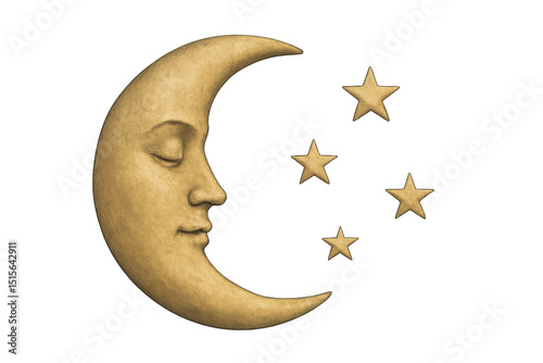 Golden crescent moon sleeping among twinkling stars, transparent backdrop highlighting dreamy celestial aesthetic for nocturnal graphic designs