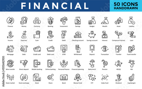 Financial icons set with finance, money, currency, banking, investment, savings, budget, wealth, asset, liability icon. Simple handdrawn vector 
