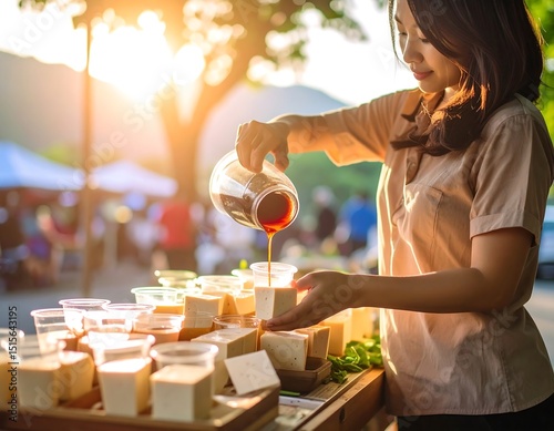 Woman pouring drink over tofu at market